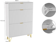 Zapatero blanco con diseño ondulado, zapatero estrecho con 2 puertas abatibles y 1 estante, 80x24x118,5 cm, armario de recibidor moderno con patas de metal dorado, estantería para zapatos que ahorra espacio para pasillo y entrada