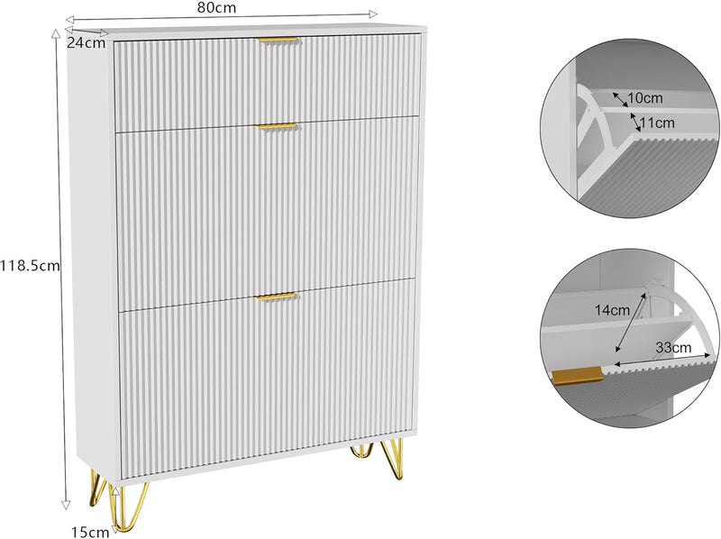 Zapatero blanco con diseño ondulado, zapatero estrecho con 2 puertas abatibles y 1 estante, 80x24x118,5 cm, armario de recibidor moderno con patas de metal dorado, estantería para zapatos que ahorra espacio para pasillo y entrada