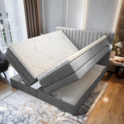Cama boxspring TRADA ADÈLE 140x200 cm - cama eléctrica con colchón, sobrecolchón y arcón - tapizado de terciopelo - Gris claro