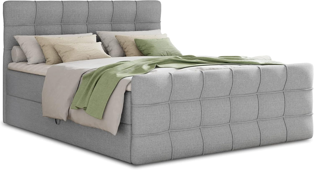 Cama boxspring Sofnet Best Lux con piecera, 2 cajones y sobrecolchón - Cama doble, colchón Bonell, cama tapizada, cama, camas, estructura de cama, dormitorio (Gris (Inari 91), 160 x 200 cm)
