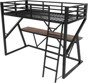 Cama alta infantil 90x200 cm, litera, cama de metal con tira LED, escritorio y escalera, cama individual juvenil, cama multifuncional, estructura de cama con protección anticaídas y somier, sin colchón, negro