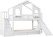 Cuna litera 90x200, cama alta en forma de casa con tobogán, escalera de almacenamiento, 2 cajones, ventanas y tejado, litera cama doble de madera con somier y protección anticaídas, pino, sin colchón, blanco