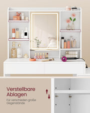 Colección VASAGLE Kailyn - Tocador con iluminación LED, mesa de maquillaje con regleta, espejo, tocador con estantes ajustables, moderno, 40 x 124,7 x 145 cm, blanco nube RDT644WB01