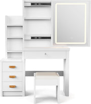 Tocador blanco, mesa de cosméticos con espejo y taburete, tocador con iluminación LED, mesa de maquillaje con 4 cajones, conjunto de tocador para dormitorio, 135 * 80 * 36 cm
