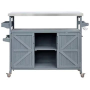 Isla de cocina para exteriores con cubierta de acero inoxidable, carrito de cocina de madera con puertas, estantes y especiero, isla de cocina con ruedas