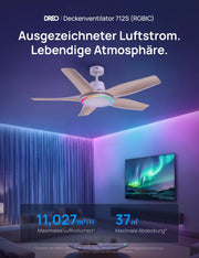Ventilador de techo con luz LED de 132 cm, regulable, luz ambiental RGB, motor CC de 54 W, control por aplicación y Alexa