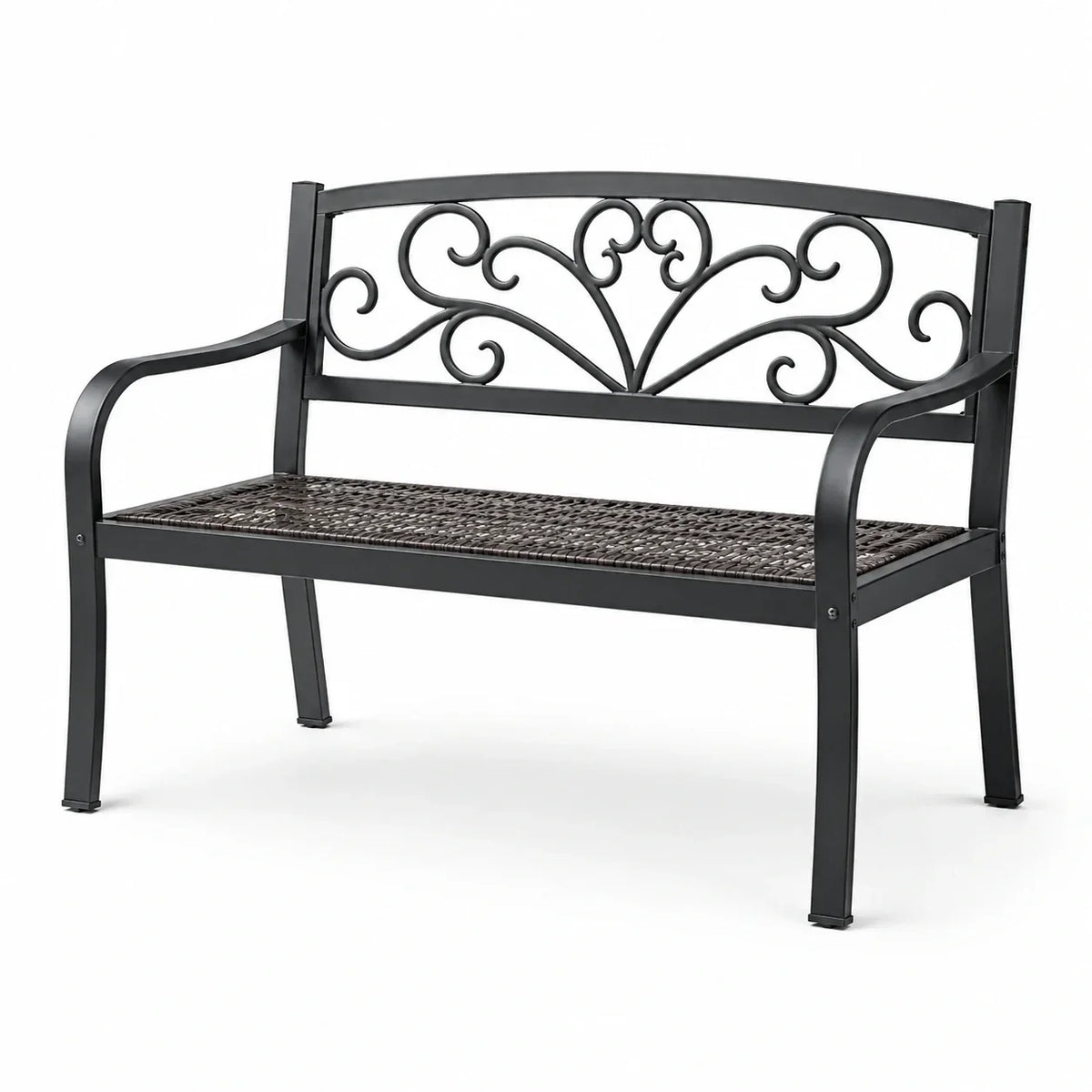 Banco de jardín de metal con asiento de ratán negro 120 cm