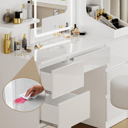 TRIUMPHKEY Tocador Moderno Blanco de Alto Brillo, Espejo LED con Luz Ajustable, Gran Espacio de Almacenamiento, Mesa de Maquillaje con 7 Cajones, 3 Compartimentos, 4 Estantes Abiertos