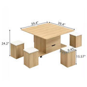Mesa de centro elevable moderna multifuncional Zeus & Ruta con almacenamiento oculto, 4 taburetes y ruedas, perfecta para espacios modernos