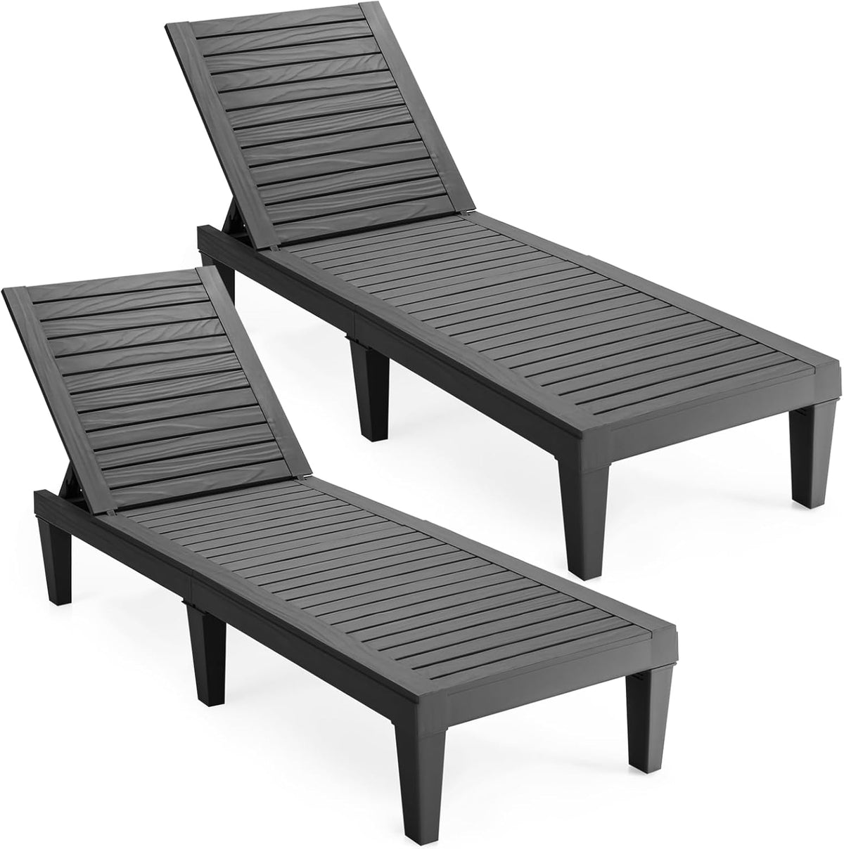 COSTWAY Juego de 2 tumbonas de plástico resistentes a la intemperie, tumbona de jardín con respaldo ajustable, tumbona de balcón, tumbona de terraza efecto madera, silla de jardín con capacidad de carga de hasta 180 kg para jardín, terraza, negro