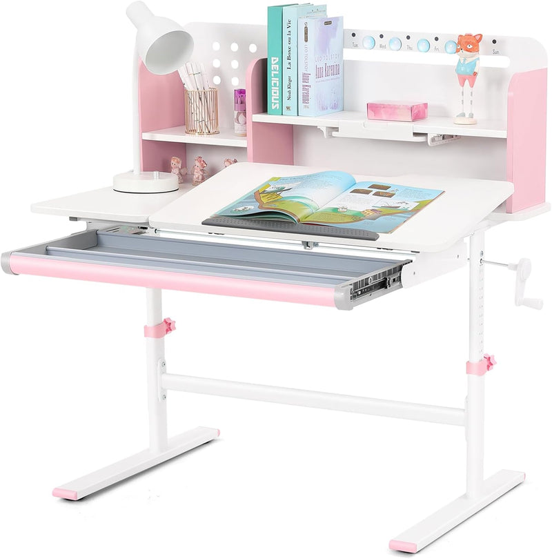 Escritorio infantil ajustable en altura JOYLDIAS, mesa de estudio para niños con estanterías, escritorio inclinable, escritorio escolar multifuncional con cajones y ganchos, superficie de mesa de 100 x 60 cm