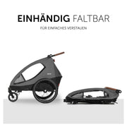 hauck Remolque de bicicleta y cochecito Dryk Duo Plus con suspensión, para 2 niños (6-48 meses), incluye barra de tiro, rueda de cochecito, bandera y luz LED, plegable, altura ajustable, maletero XL (verde oscuro)