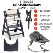 Hauck Beta+ Trona con set para recién nacidos y hamaca premium - Gris oscuro | Trona de madera evolutiva con ruedas desde el nacimiento hasta los 90 kg | incluye adaptador para recién nacidos, bandeja para comer y cojín de asiento