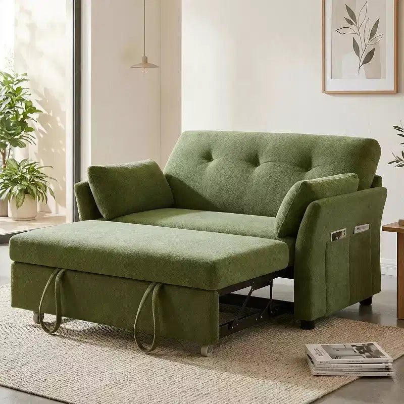 Sofá cama extraíble 3 en 1 de 51 pulgadas, sofá biplaza convertible con respaldo reclinable ajustable, sofá tapizado en chenilla, bolsillo lateral