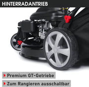 Cortacésped de gasolina BRAST® Trike con tracción | 5,2kW (7CV) | 53cm de ancho de corte | muchos modelos | TÜV | motor OHV de 4 tiempos | 30-80mm de altura de corte | 60L de saco de recogida | carcasa de acero | velocidad