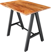 Mesa de bar de madera maciza Riess Ambiente Mammut 120 cm, acacia natural con borde vivo, metal negro con reposapiés, mesa de cocina, mostrador de cocina, mesa alta rectangular