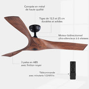 VONLUCE Ventilador de Techo Ø132CM 52 Pulgadas 3 Aspas sin Luz con Mando a Distancia Motor DC Silencioso Reversible 6 Velocidades para Dormitorio Patios Salón Granja, Nogal