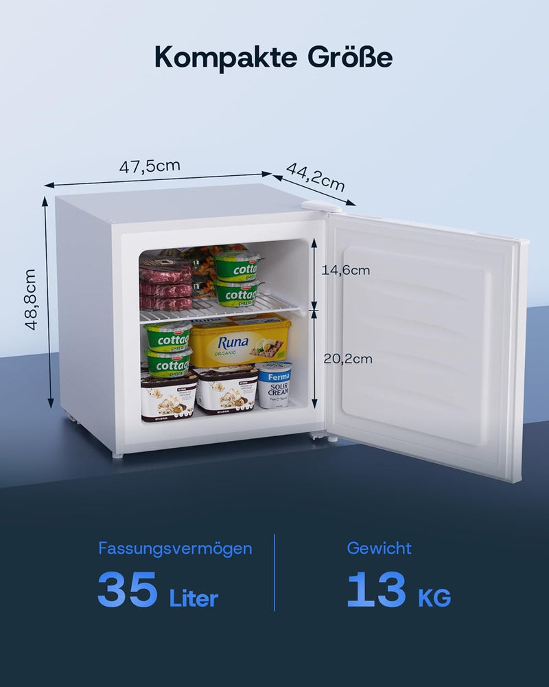 Upstreman 35L Mini Congelador, -21℃ 4 Estrellas, Puertas Reversibles, Silencioso, Ahorro de energía, Bisagra de puerta reversible, Congelador pequeño para oficina, hotel, Blanco, UF35