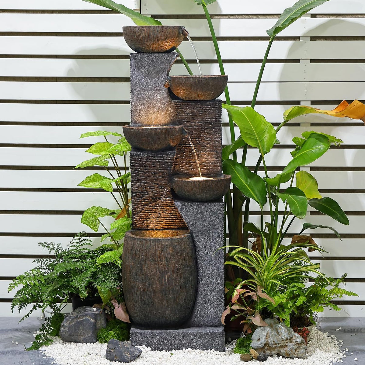 Fuente de jardín grande Bumilgar para exteriores con iluminación LED, fuente en cascada de 5 niveles para jardín, balcón, terraza, 134x46x37 cm