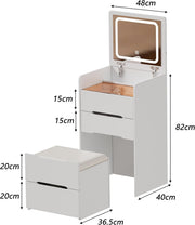 Tocador 3 en 1 con taburete, mesa de maquillaje con espejo abatible, superficie de cristal visible, cómoda de 3 cajones con iluminación LED, pequeño juego de tocador para dormitorio