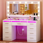 Tocador TEENFON con espejo LED grande, tocador con superficie de cristal, luz RGB, 9 cajones, estantes colgantes, 2 tomas de corriente: iluminación de 3 colores regulable, blanco