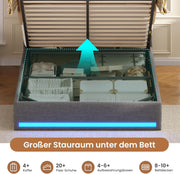 Cama tapizada AOGLLATI 140×200, cama hidráulica con almacenaje e iluminación LED, cama juvenil con puertos USB y tipo C, estructura de cama doble con listones de madera, tela de lino, sin colchón (Gris, 140x200 cm)