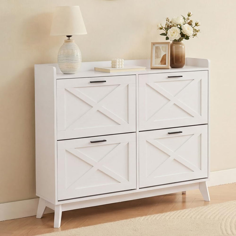 Zapatero CASABEL con 4 trampones, frentes con patrón de cruz, blanco, diseño funcional, gran capacidad para 24 pares, mueble práctico para recibidor o salón, 114x24x83 cm