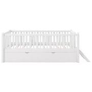 Estructura de cama individual con nido y barandilla, cama de plataforma de perfil bajo con escaleras para niños y niñas