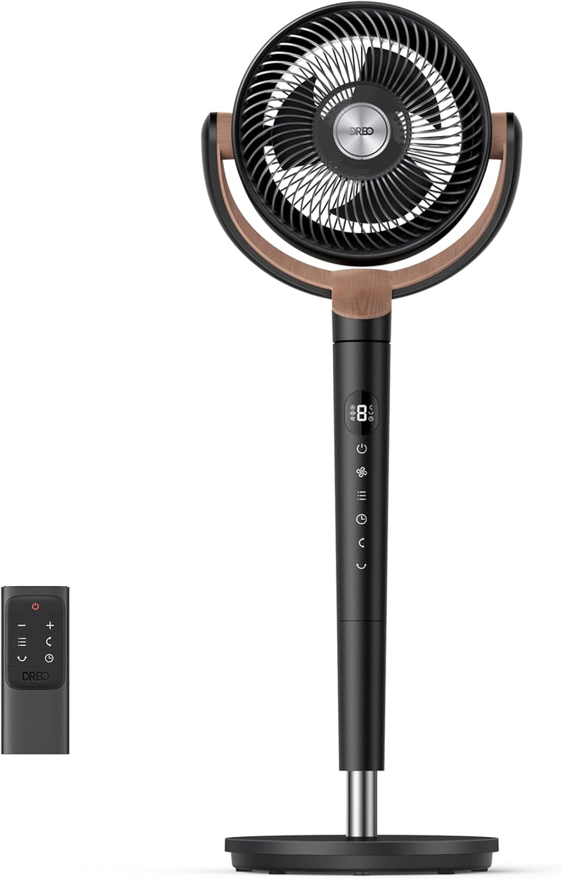 Ventilador de pie silencioso DREO de 23 dB, ventilador oscilante omnidireccional de 120°+120°, alcance de aire de 27 m, circulador de aire Turbo real con volumen de 1615 m³/h, altura de 89-102 cm, 3 modos y 8 velocidades