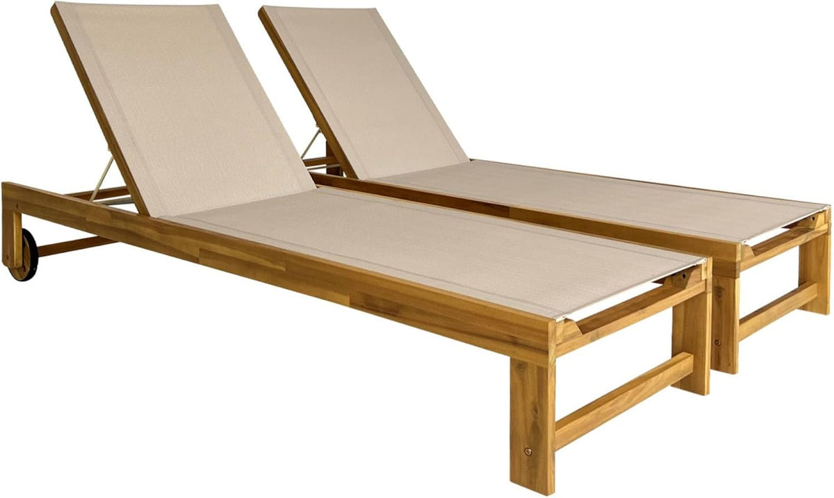sweeek - Lote de 2 tumbonas de madera de acacia y textileno beige. Multiposiciones con ruedas