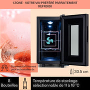 KLARSTEIN Vinoteca, nevera para vinos/bar independiente con puerta de cristal, vinoteca de envejecimiento, prosecco, cerveza, pantalla táctil, frigorífico, protección UV, 11-18 °C, 8 botellas