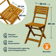 Set de balcón Casaria® para 2 personas, resistente a la intemperie, plegable, madera con certificación FSC®, capacidad de carga de 160 kg, 94x61x117 cm, para jardín, balcón, terraza, 3 piezas, muebles de balcón