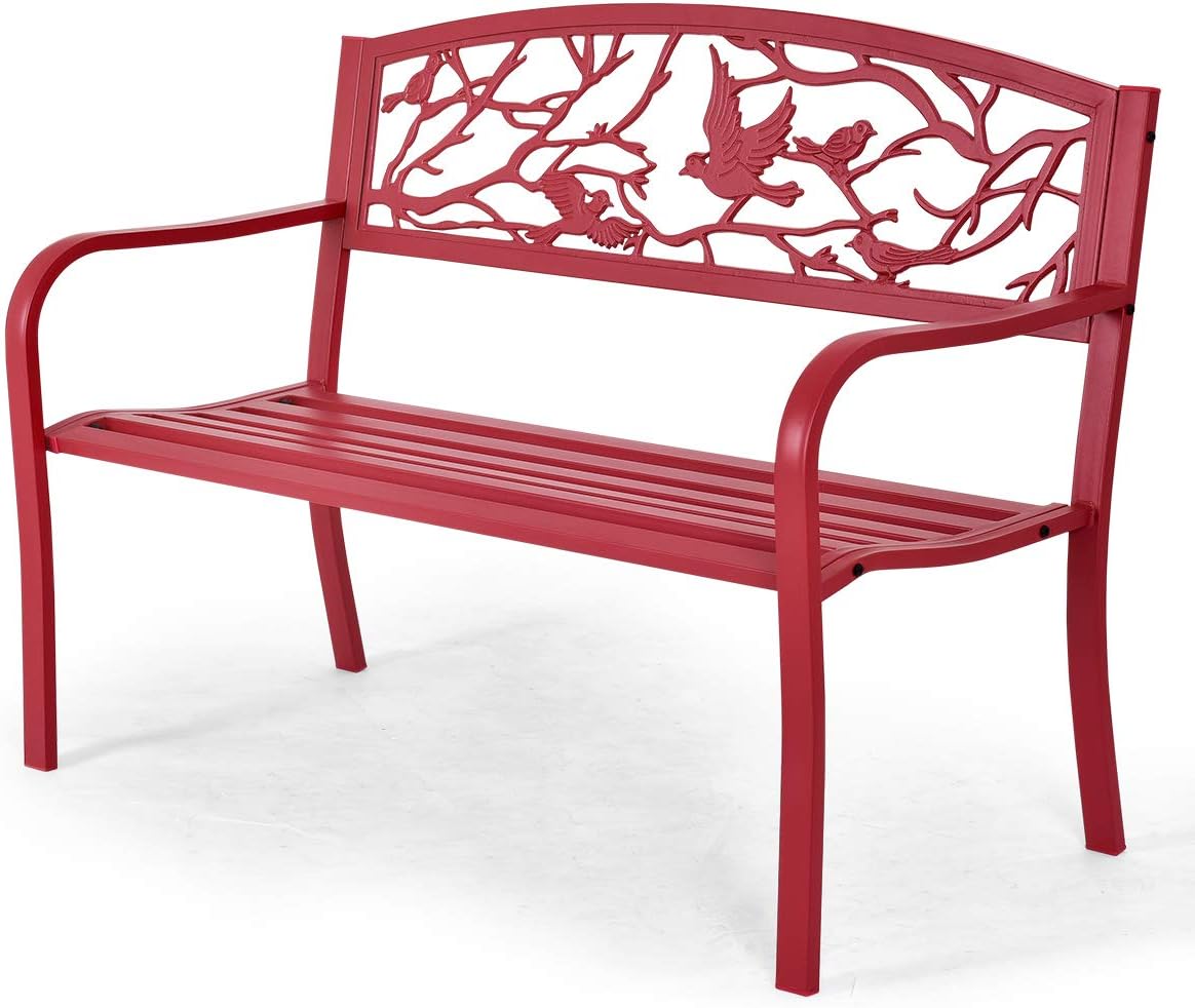 GIANTEX Banco de jardín de 2 plazas, banco de parque de metal, banco de hierro con capacidad de carga de hasta 280 kg, banco de terraza con respaldo y reposabrazos, banco de estilo retro para jardín, balcón, terraza, 127 x 59,5 x 87,5 cm rojo