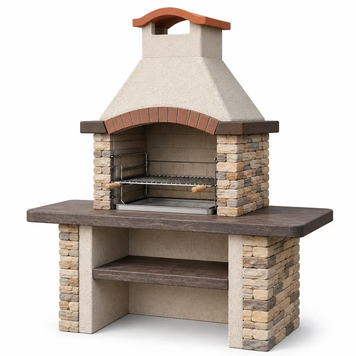 Chimenea de jardín con parrilla, bandeja de recogida, estante y salida de humos, 120 × 70 × 210 cm, beige/marrón/gris/negro