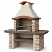 Chimenea de jardín con parrilla, bandeja de recogida, estante y salida de humos, 120 × 70 × 210 cm, beige/marrón/gris/negro