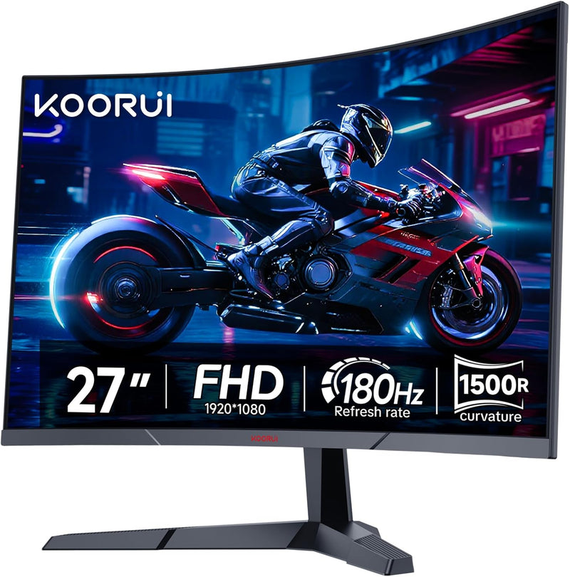 Monitor Gaming KOORUI de 27 pulgadas, pantalla gamer FHD VA, 180 Hz, pantalla curva, Adaptive-Sync, VESA 100 * 100 mm, 2xHDMI 2.0 y 1xDisplayPort 1.2