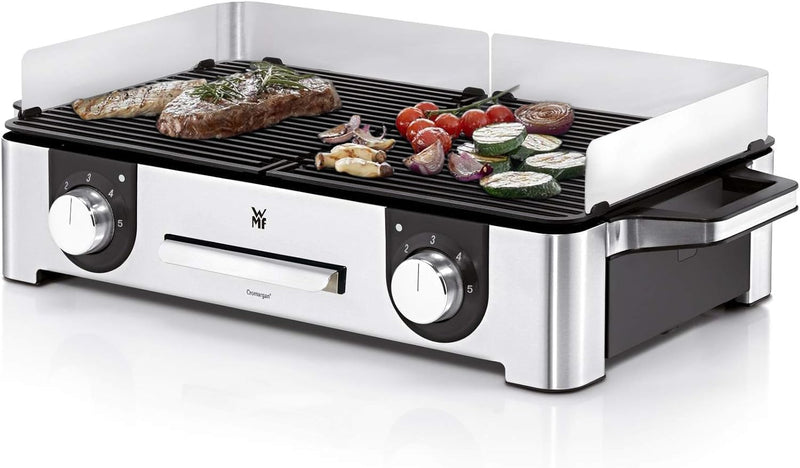 WMF Lono Master-Grill, parrilla eléctrica, 50x28 cm, parrilla de mesa eléctrica con protector contra el viento y bandeja de goteo, certificada para uso en exteriores, 2 superficies de cocción regulables por separado, 2400 W, acero inoxidable mate
