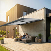 Toldo de cofre completo eléctrico Eclipse 5,6x3,5 m, estructura gris basalto, toldo para balcón, cubierta de terraza, brazos articulados, tejido de poliacrilo, protección UV 50+, motor Dooya compatible con hogar inteligente, tela del toldo: gris y blanco