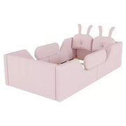 Cama plataforma doble Whisen, cama de suelo tapizada para niños con cojín de conejo, barandillas laterales extraíbles