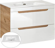 Conjunto de muebles de baño Lomadox con lavabo de 81 cm y armario con espejo LED, blanco brillante con imitación roble Wotan, armario colgante, armario bajo