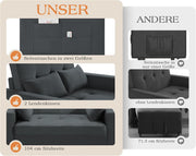 Sofá cama LUXOAK 186 x 122 cm con respaldo ajustable en 5 niveles, sofá cama 3 en 1 con cojines y bolsillo lateral, sofá de lino gris para habitación de invitados y espacios pequeños