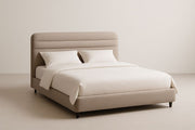 Cama matrimonial de tela beige 200x160x100 cm, estructura de madera y metal