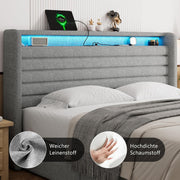 Cama FEONASE 180x200 con almacenamiento, cama tapizada de 180x200 cm con iluminación LED y estación de carga, estructura de cama con elevación hidráulica y cabecero de lino con almacenamiento, somier, sin colchón, gris claro