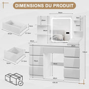 TRIUMPHKEY Tocador Moderno Blanco de Alto Brillo, Espejo LED con Luz Ajustable, Gran Espacio de Almacenamiento, Mesa de Maquillaje con 7 Cajones, 3 Compartimentos, 4 Estantes Abiertos
