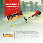 Desbrozadora de gasolina BU-KO de 52 cc con gran alcance: recortadora y desbrozadora de gasolina, cortasetos de gasolina extensible, motosierra, 3 barras de extensión de 75 cm y bolsa de herramientas