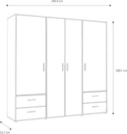 Armario FORTE Jupiter 200 210, armario ropero, armario de puertas batientes, 4 puertas, con 4 cajones y estantes, negro con decoración de madera: roble Catania, 206 cm de ancho x 53 cm de profundidad x 200 cm de alto