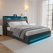 LIVLUX Cama con canapé 140x190 con somier LED y USB, cama doble tapizada con almacenamiento hidráulico, cama para 2 personas para adultos y adolescentes, lino gris claro, 140 x 190 cm