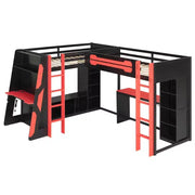 Litera tipo loft en forma de L para juegos con escritorios, litera doble con luces LED, puertos USB, estanterías de almacenamiento, cama alta esquinera de madera para 2 personas