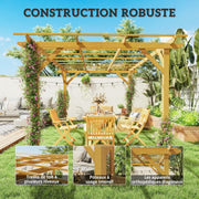 Pérgola de jardín exterior Outsunny 3 x 4 m, pérgola corredera retráctil, pérgola de madera, cenador para plantas trepadoras, flores, rosas, pérgola para terraza, patio, madera natural