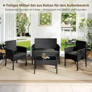 Yaheetech Set de muebles de jardín de 4 piezas, conjunto de muebles de balcón de poliratán para exterior con sofá de 2 plazas, 2 sillas, mesa y cojines para terraza/balcón/jardín, negro y gris